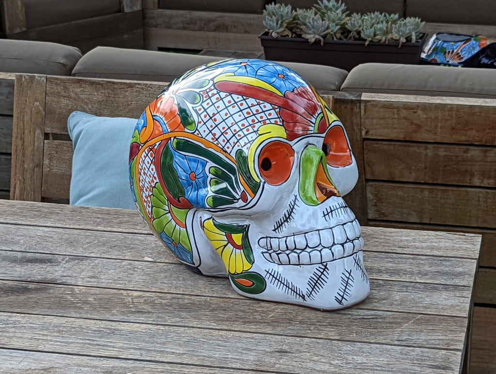 Halloween Decor, Ceramic Skull Art, Talavera Pottery, Porch or Party or Table Decor for Halloween, Day of the Dead, Largest Size 12" Tall