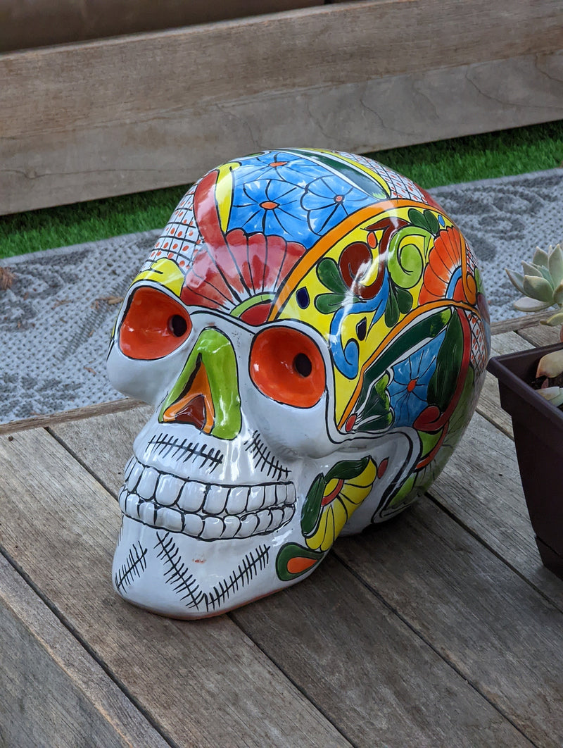 Halloween Decor, Ceramic Skull Art, Talavera Pottery, Porch or Party or Table Decor for Halloween, Day of the Dead, Largest Size 12" Tall