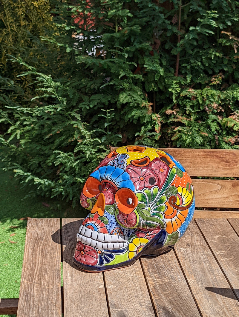 Halloween Decor, Ceramic Skull Art, Talavera Pottery, Porch or Party or Table Decor for Halloween, Day of the Dead, Largest Size 12" Tall