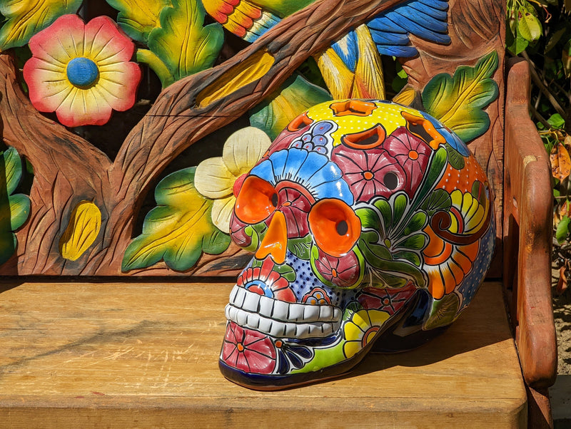 Halloween Decor, Ceramic Skull Art, Talavera Pottery, Porch or Party or Table Decor for Halloween, Day of the Dead, Largest Size 12" Tall