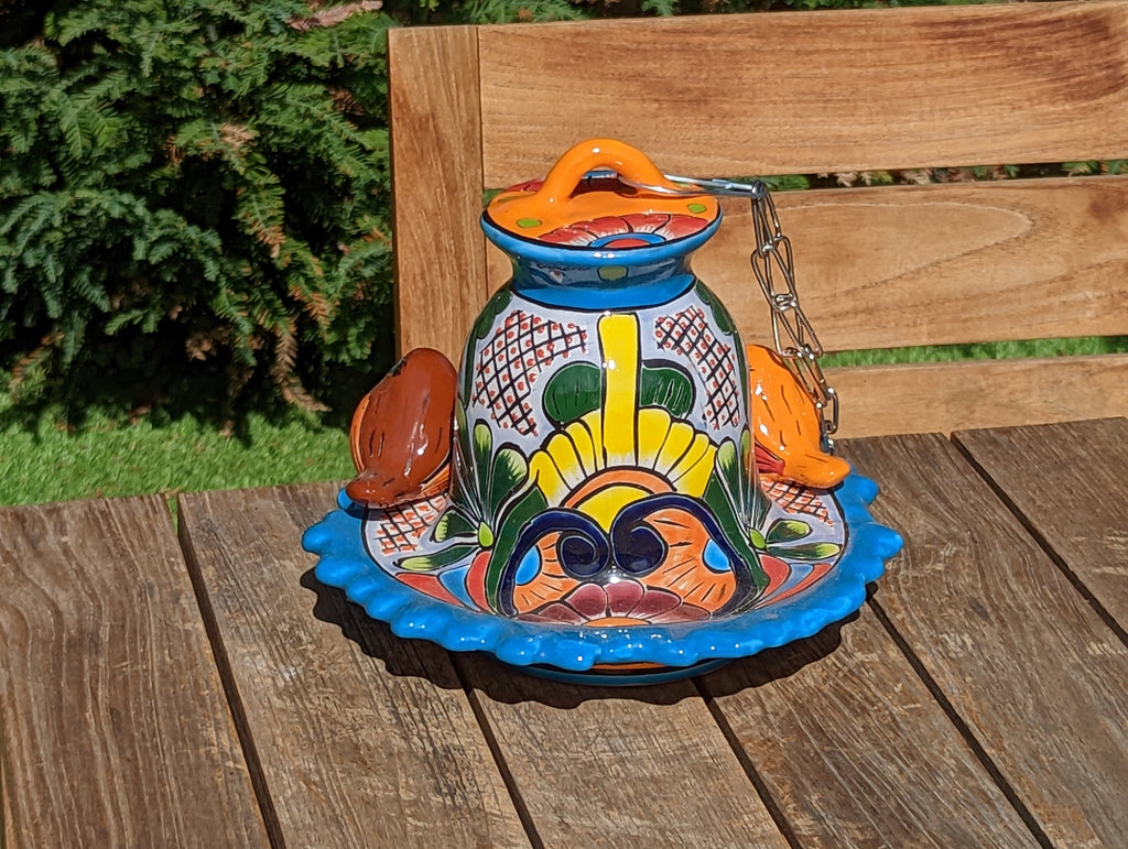 Ceramic Bird Feeder, Talavera Pottery, Decorative Outdoor Hanging Feeder Station w Chain, Handmade Mexican Pottery, Attract Wild Birds