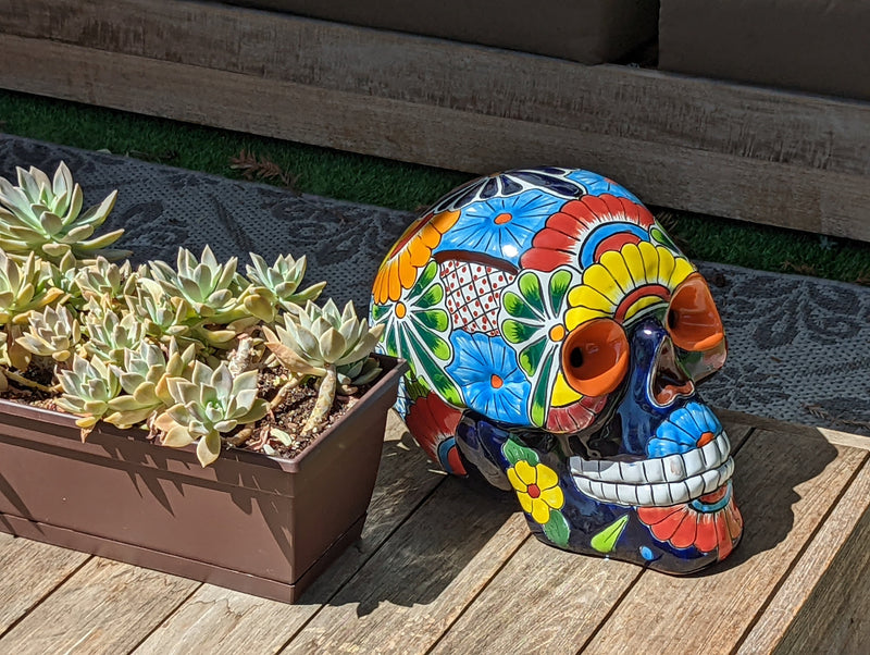 Halloween Decor, Ceramic Skull Art, Talavera Pottery, Porch or Party or Table Decor for Halloween, Day of the Dead, Largest Size 12" Tall