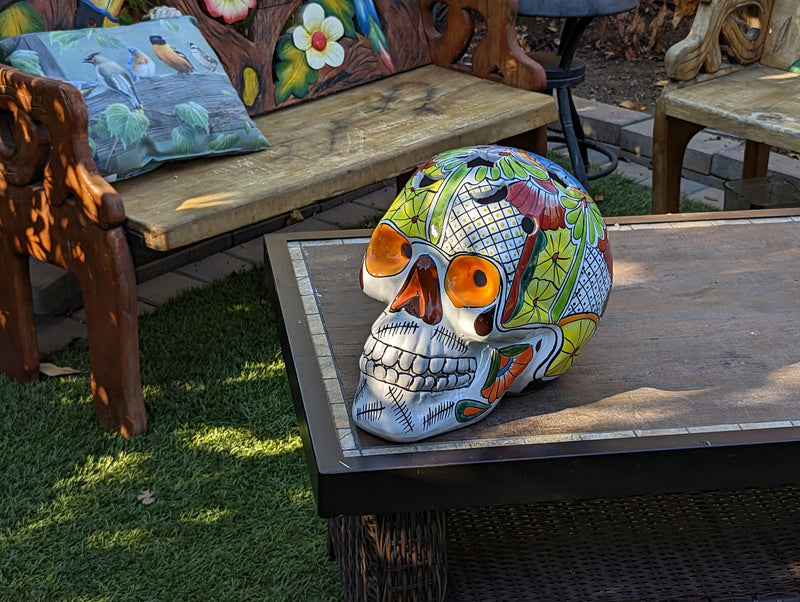 Halloween Decor, Ceramic Skull Art, Talavera Pottery, Porch or Party or Table Decor for Halloween, Day of the Dead, Largest Size 12" Tall