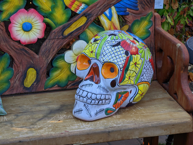 Halloween Decor, Ceramic Skull Art, Talavera Pottery, Porch or Party or Table Decor for Halloween, Day of the Dead, Largest Size 12" Tall