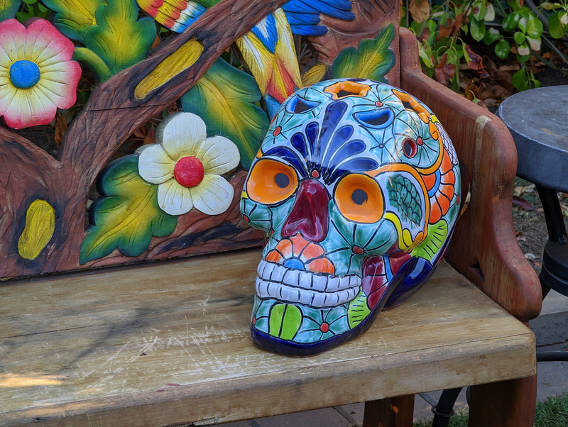 Halloween Decor, Ceramic Skull Art, Talavera Pottery, Porch or Party or Table Decor for Halloween, Day of the Dead, Largest Size 12" Tall