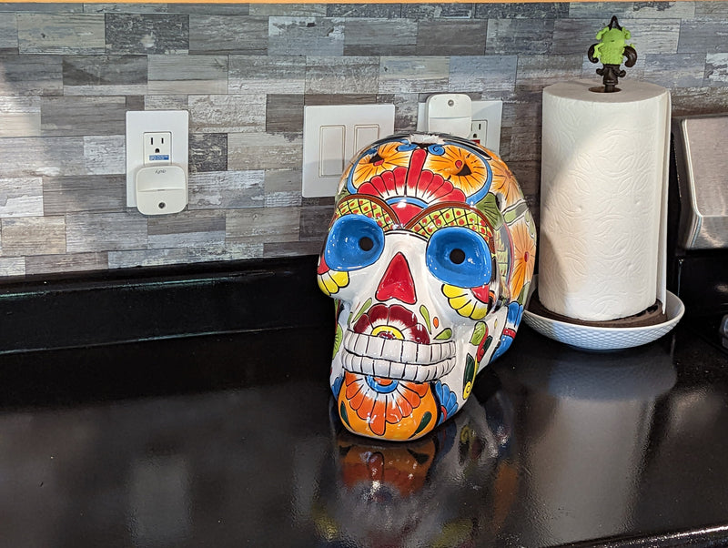 Halloween Decor, Ceramic Skull Art, Talavera Pottery, Porch or Party or Table Decor for Halloween, Day of the Dead, Largest Size 12" Tall