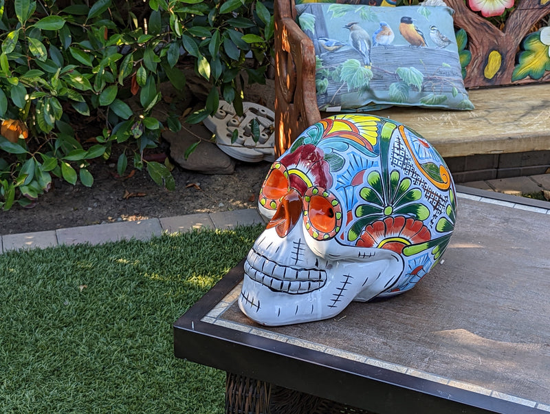 Halloween Decor, Ceramic Skull Art, Talavera Pottery, Porch or Party or Table Decor for Halloween, Day of the Dead, Largest Size 12" Tall