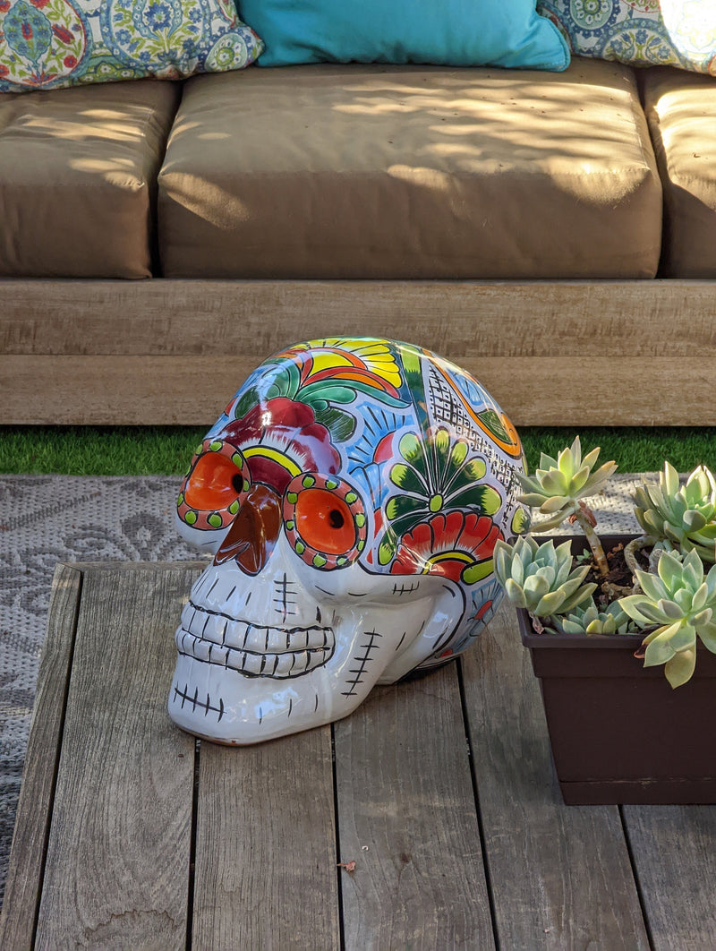 Halloween Decor, Ceramic Skull Art, Talavera Pottery, Porch or Party or Table Decor for Halloween, Day of the Dead, Largest Size 12" Tall