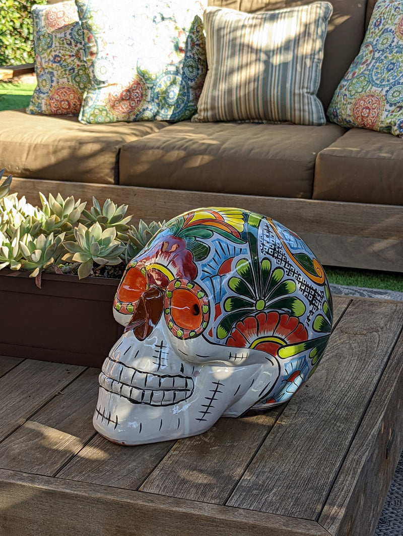 Halloween Decor, Ceramic Skull Art, Talavera Pottery, Porch or Party or Table Decor for Halloween, Day of the Dead, Largest Size 12" Tall