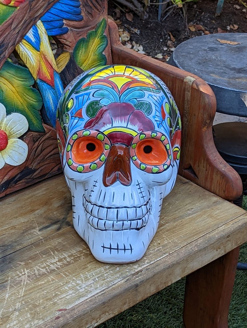 Halloween Decor, Ceramic Skull Art, Talavera Pottery, Porch or Party or Table Decor for Halloween, Day of the Dead, Largest Size 12" Tall