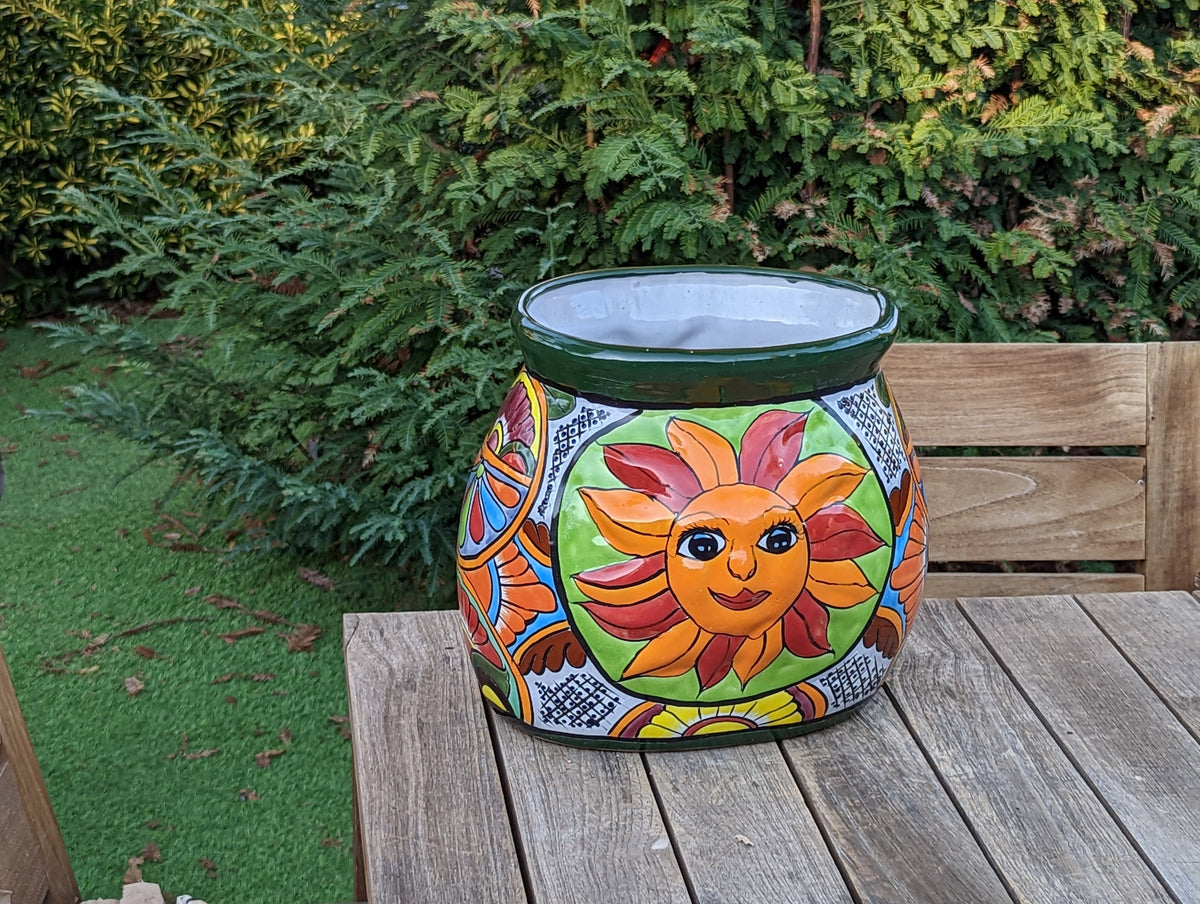 Colorful 11.5" Oval Mexican Sun Flower Planter, Talavera Planter, Handmade Ceramic Pot, Mexican Garden Decor, Outdoor Garden Pot
