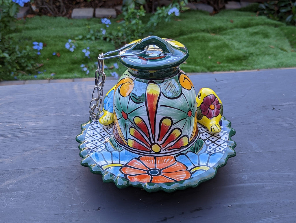 Ceramic Bird Feeder, Talavera Pottery, Decorative Outdoor Hanging Feeder Station w Chain, Handmade Mexican Pottery, Attract Wild Birds