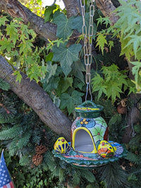 Ceramic Bird Feeder, Talavera Pottery, Decorative Outdoor Hanging Feeder Station w Chain, Handmade Mexican Pottery, Attract Wild Birds