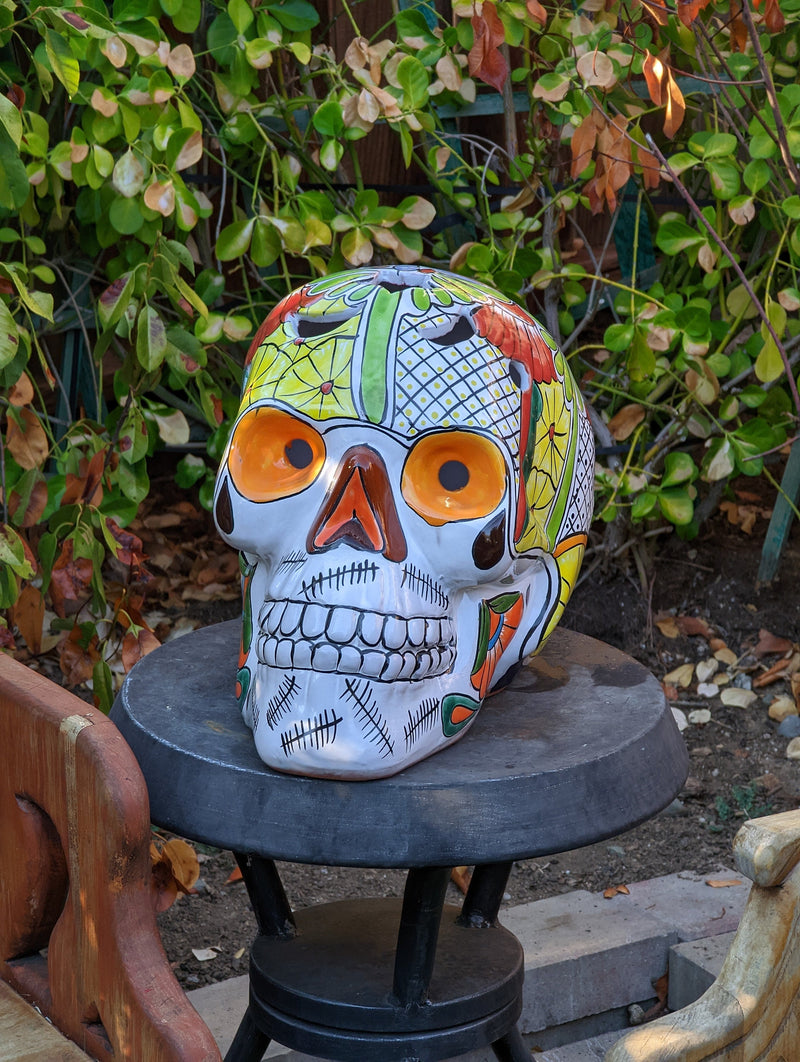 Halloween Decor, Ceramic Skull Art, Talavera Pottery, Porch or Party or Table Decor for Halloween, Day of the Dead, Largest Size 12" Tall