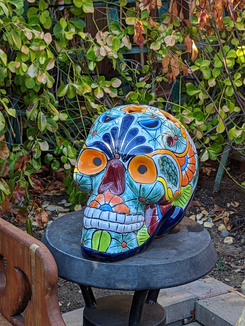 Halloween Decor, Ceramic Skull Art, Talavera Pottery, Porch or Party or Table Decor for Halloween, Day of the Dead, Largest Size 12" Tall