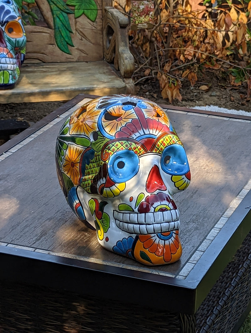 Halloween Decor, Ceramic Skull Art, Talavera Pottery, Porch or Party or Table Decor for Halloween, Day of the Dead, Largest Size 12" Tall