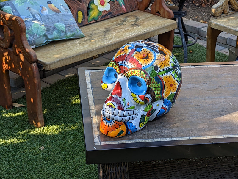 Halloween Decor, Ceramic Skull Art, Talavera Pottery, Porch or Party or Table Decor for Halloween, Day of the Dead, Largest Size 12" Tall