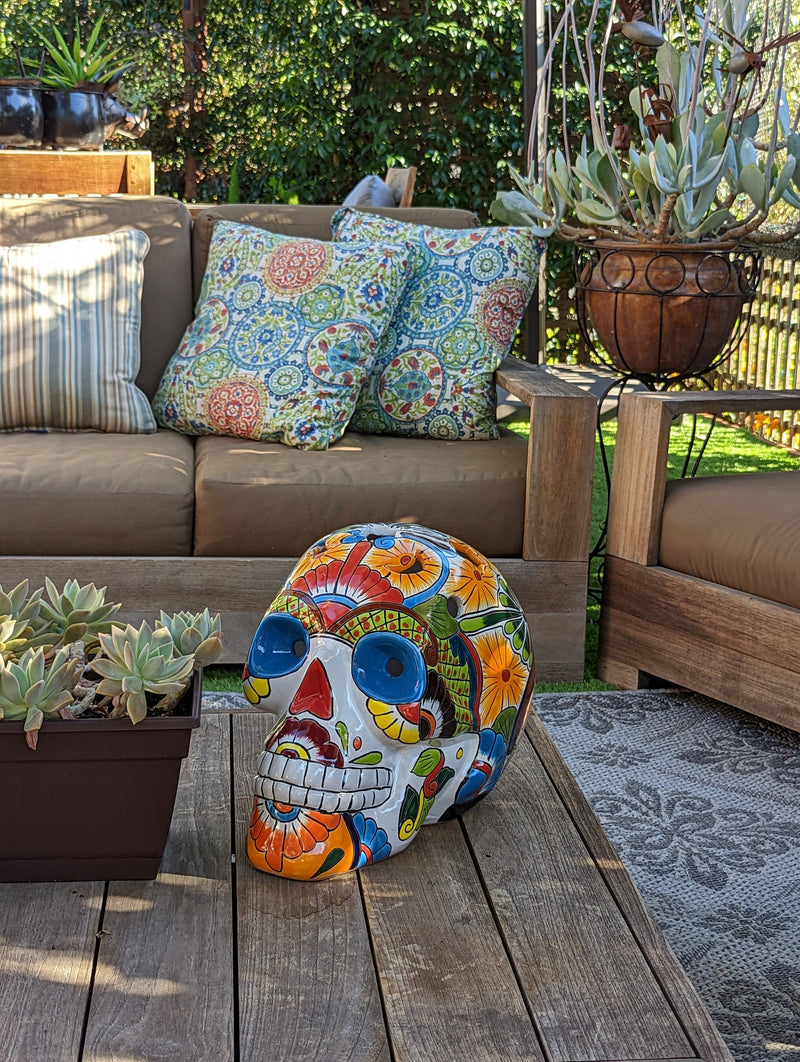 Halloween Decor, Ceramic Skull Art, Talavera Pottery, Porch or Party or Table Decor for Halloween, Day of the Dead, Largest Size 12" Tall