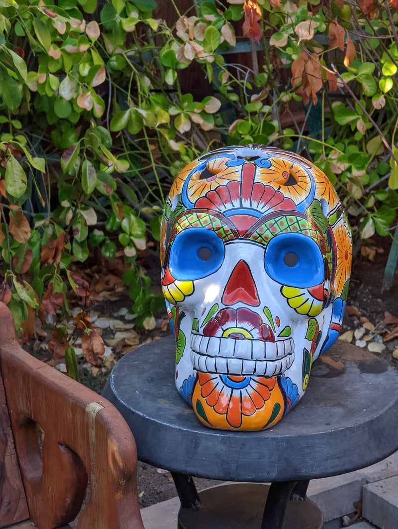 Halloween Decor, Ceramic Skull Art, Talavera Pottery, Porch or Party or Table Decor for Halloween, Day of the Dead, Largest Size 12" Tall