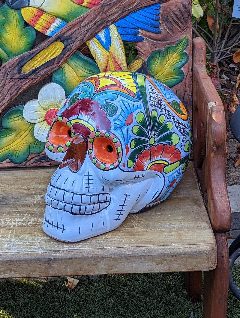 Halloween Decor, Ceramic Skull Art, Talavera Pottery, Porch or Party or Table Decor for Halloween, Day of the Dead, Largest Size 12" Tall