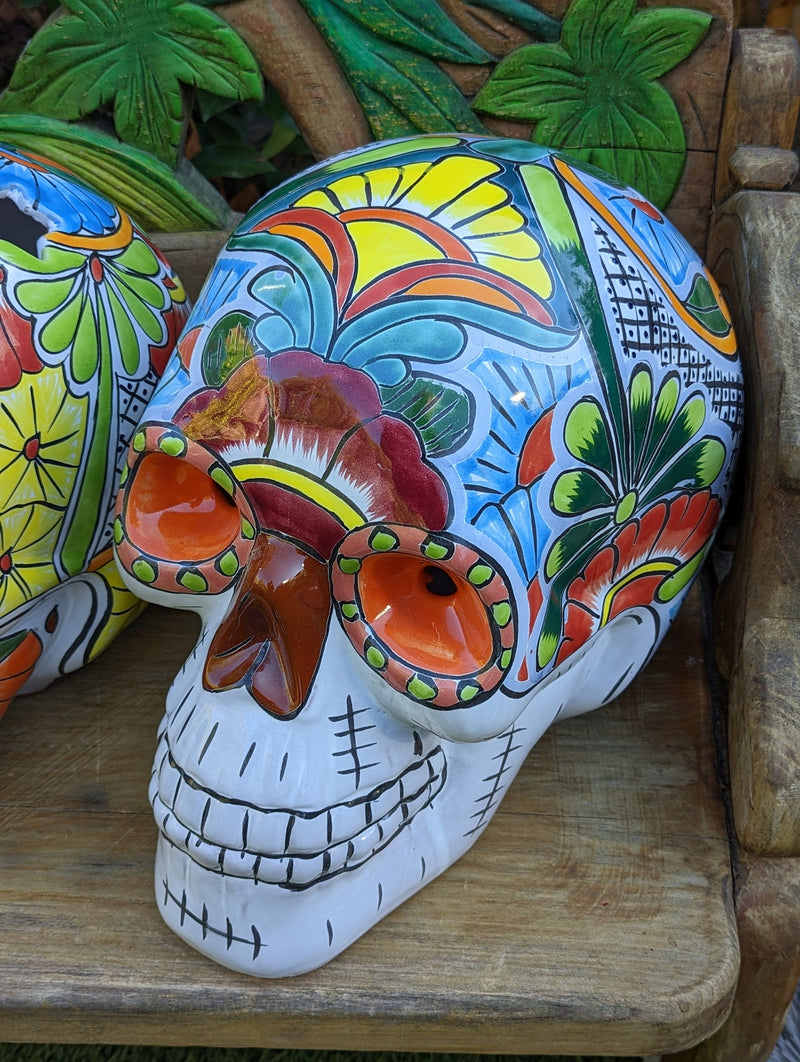 Halloween Decor, Ceramic Skull Art, Talavera Pottery, Porch or Party or Table Decor for Halloween, Day of the Dead, Largest Size 12" Tall