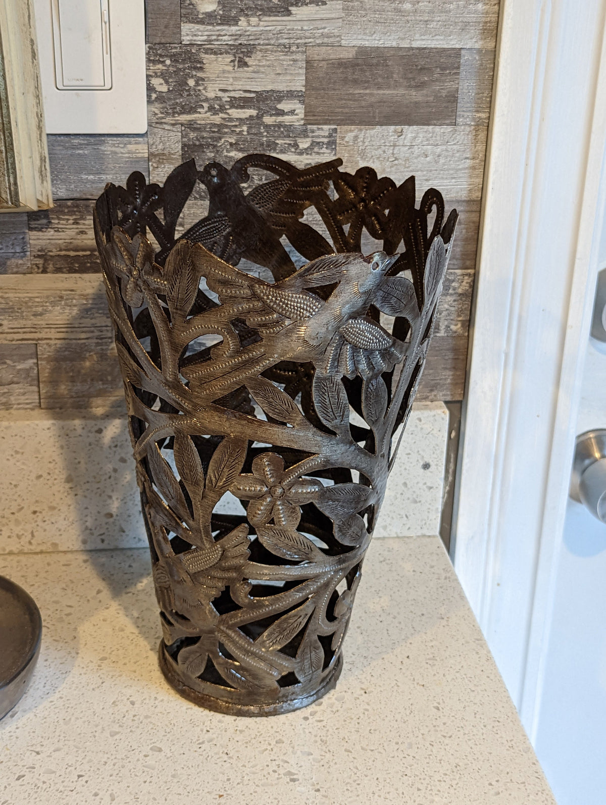 Metal Flower Vase, Tall Metal Vase Featuring Birds & Flowers Of Croix Des Bouquets, Made In Haiti, Upcycled Steel Drum Decor By Josnel Bruno