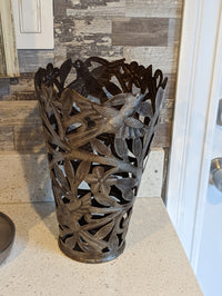 Metal Flower Vase, Tall Metal Vase Featuring Birds & Flowers Of Croix Des Bouquets, Made In Haiti, Upcycled Steel Drum Decor By Josnel Bruno