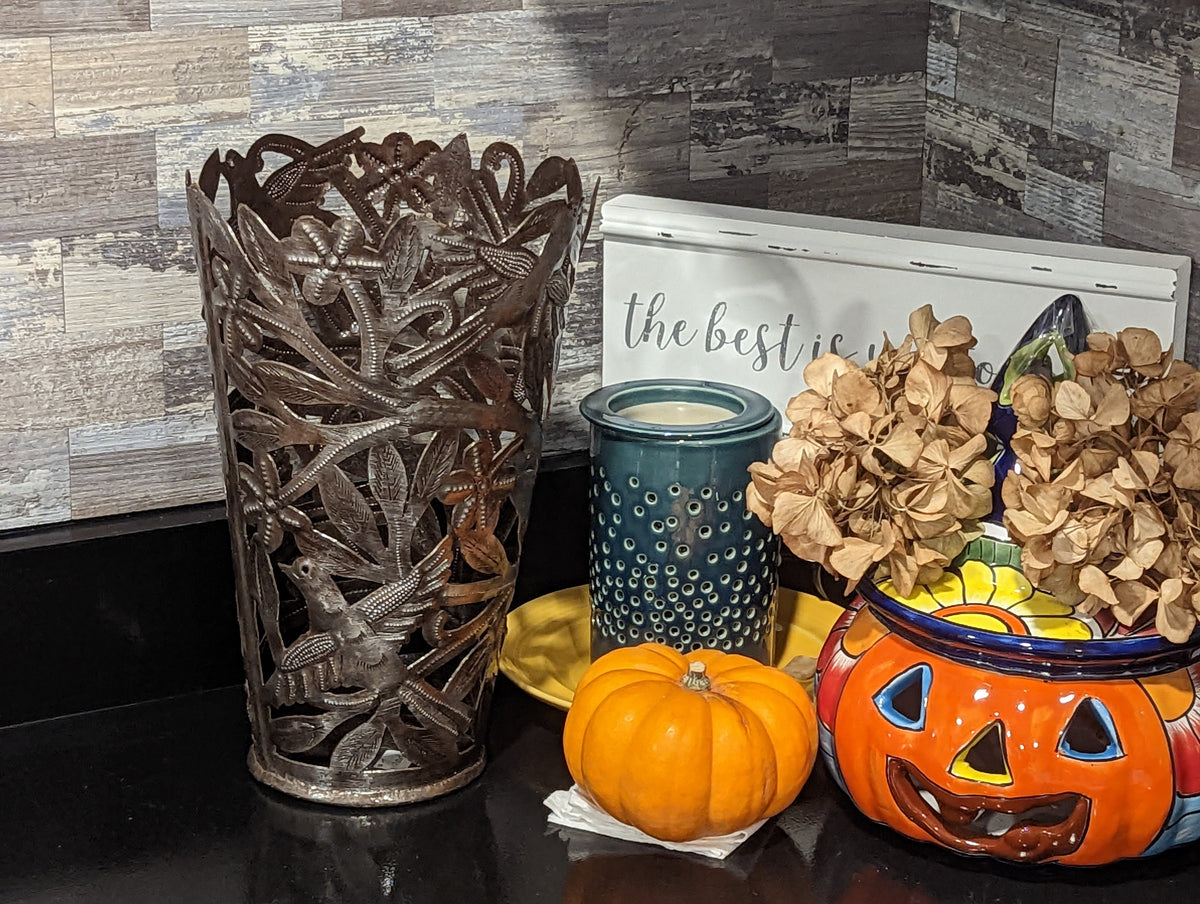 Metal Flower Vase, Tall Metal Vase Featuring Birds & Flowers Of Croix Des Bouquets, Made In Haiti, Upcycled Steel Drum Decor By Josnel Bruno