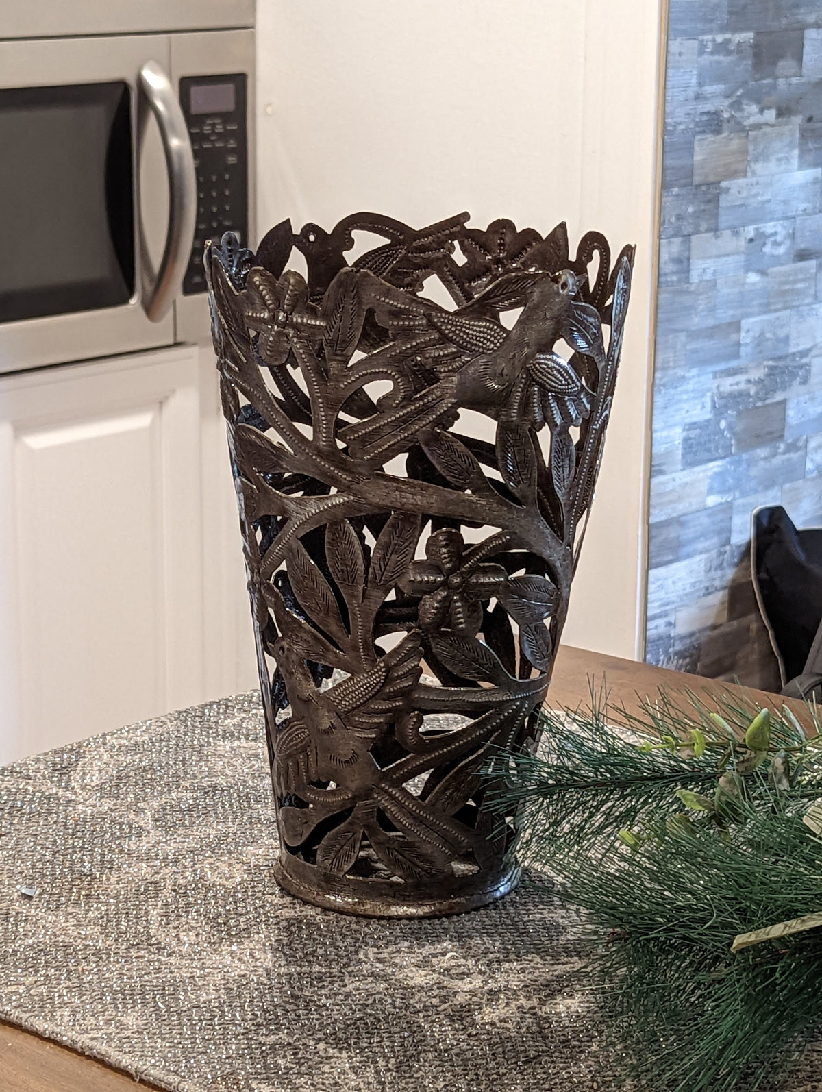 Metal Flower Vase, Tall Metal Vase Featuring Birds & Flowers Of Croix Des Bouquets, Made In Haiti, Upcycled Steel Drum Decor By Josnel Bruno