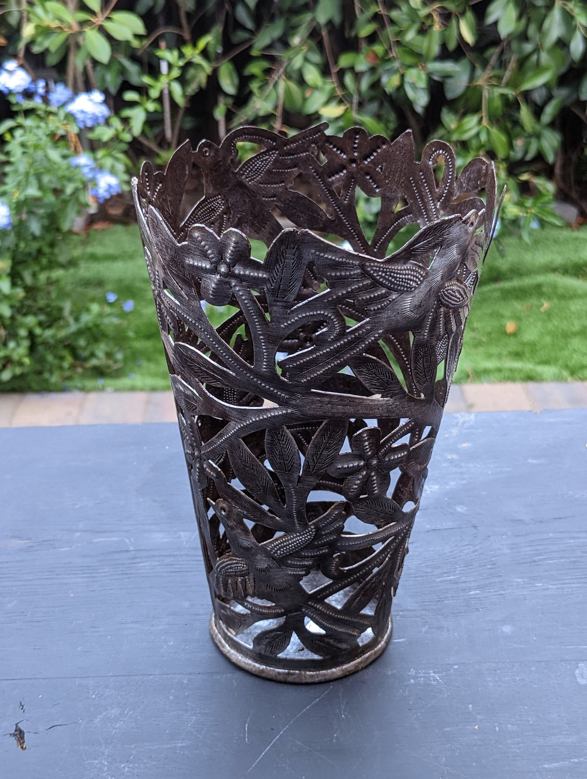 Metal Flower Vase, Tall Metal Vase Featuring Birds & Flowers Of Croix Des Bouquets, Made In Haiti, Upcycled Steel Drum Decor By Josnel Bruno