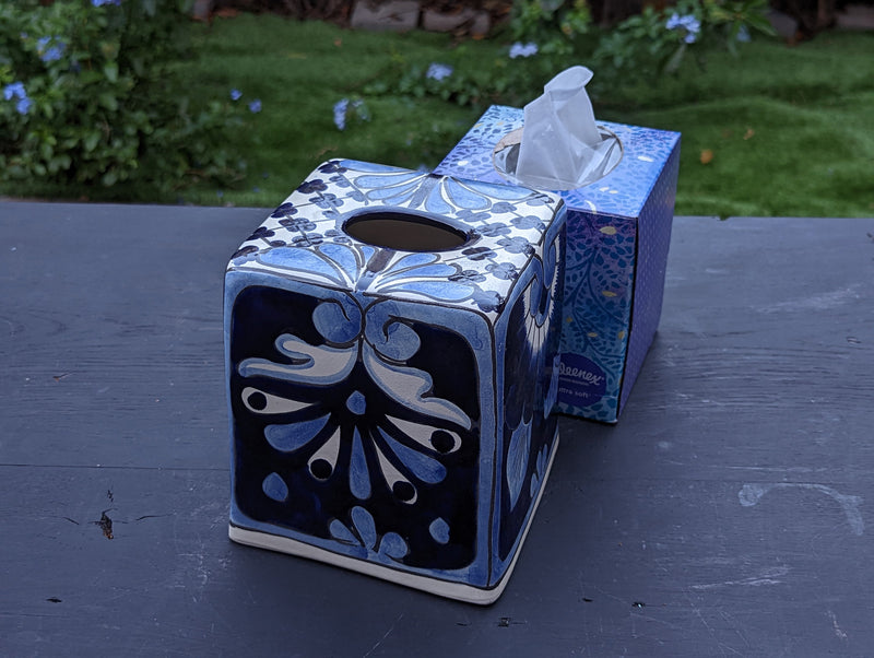 Facial Tissue Holder, Square Tissue Box, Talavera Pottery, Handmade in Mexico, 6" Tall Tissue Case