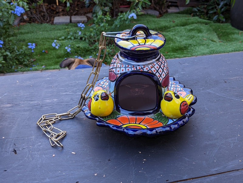 Ceramic Bird Feeder, Talavera Pottery, Decorative Outdoor Hanging Feeder Station w Chain, Handmade Mexican Pottery, Attract Wild Birds