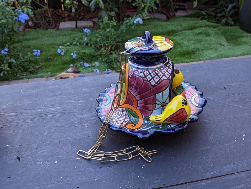 Ceramic Bird Feeder, Talavera Pottery, Decorative Outdoor Hanging Feeder Station w Chain, Handmade Mexican Pottery, Attract Wild Birds