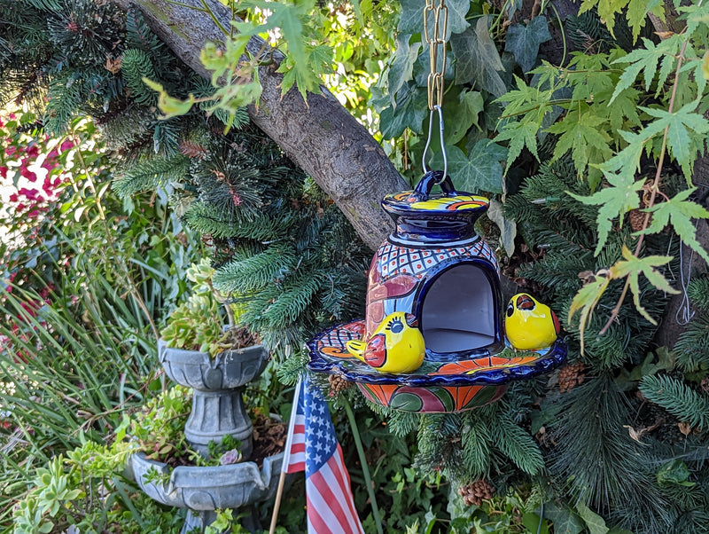 Ceramic Bird Feeder, Talavera Pottery, Decorative Outdoor Hanging Feeder Station w Chain, Handmade Mexican Pottery, Attract Wild Birds