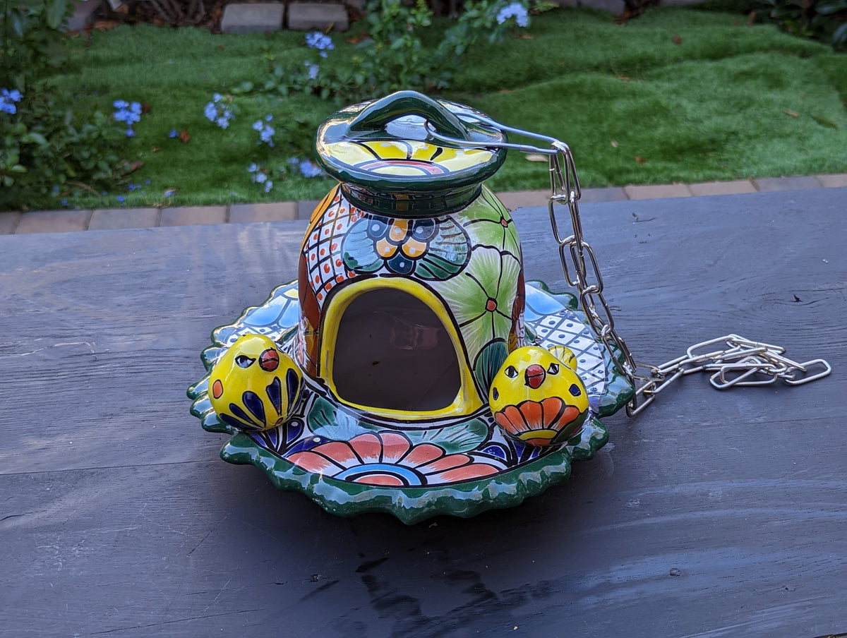 Ceramic Bird Feeder, Talavera Pottery, Decorative Outdoor Hanging Feeder Station w Chain, Handmade Mexican Pottery, Attract Wild Birds