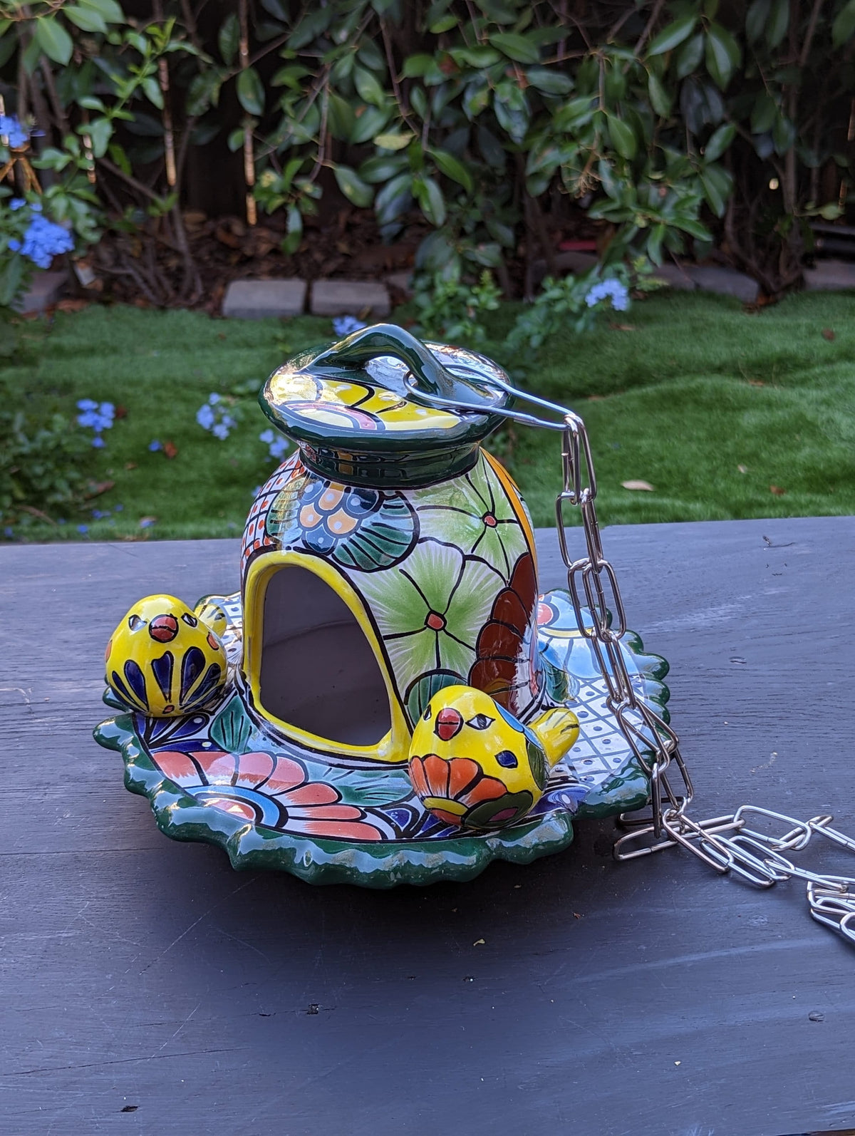 Ceramic Bird Feeder, Talavera Pottery, Decorative Outdoor Hanging Feeder Station w Chain, Handmade Mexican Pottery, Attract Wild Birds