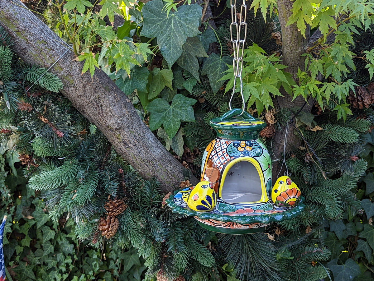 Ceramic Bird Feeder, Talavera Pottery, Decorative Outdoor Hanging Feeder Station w Chain, Handmade Mexican Pottery, Attract Wild Birds