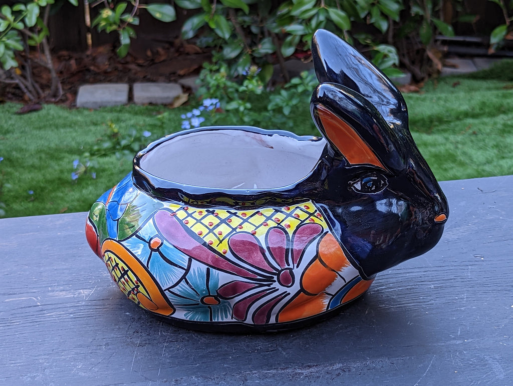 Rabbit Flower Pot, Colorful Talavera Pottery, Ceramic Planter, Indoor Home Decor, Outdoor Garden Decor, Hand Painted Rabbit Yard Decor