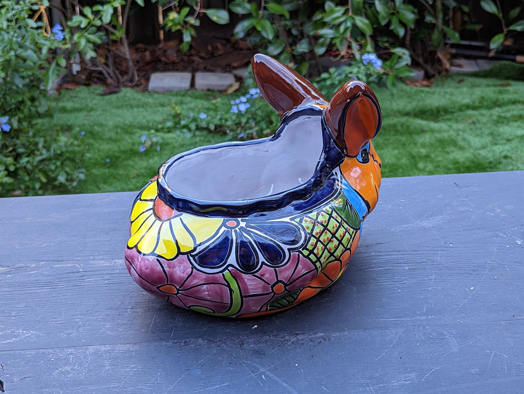 Rabbit Flower Pot, Colorful Talavera Pottery, Ceramic Planter, Indoor Home Decor, Outdoor Garden Decor, Hand Painted Rabbit Yard Decor