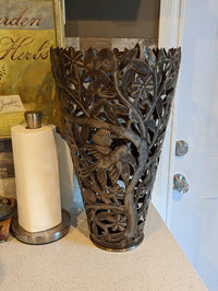 Metal Flower Vase, Tall Metal Vase Featuring Birds & Flowers Of Croix Des Bouquets, Made In Haiti, Upcycled Steel Drum Decor By Josnel Bruno