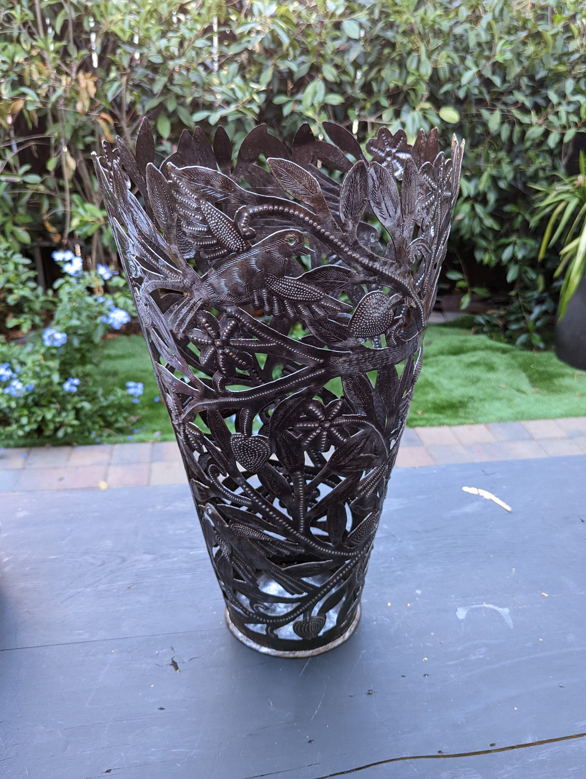 Metal Flower Vase, Tall Metal Vase Featuring Birds & Flowers Of Croix Des Bouquets, Made In Haiti, Upcycled Steel Drum Decor By Josnel Bruno