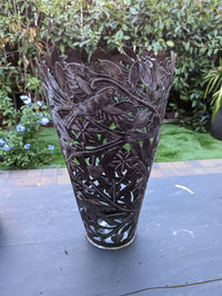 Metal Flower Vase, Tall Metal Vase Featuring Birds & Flowers Of Croix Des Bouquets, Made In Haiti, Upcycled Steel Drum Decor By Josnel Bruno