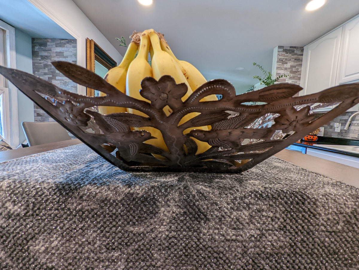 Metal Fruit Basket Featuring Birds & Flowers Of Croix Des Bouquets, Metal Flower Basket, Steel Drum Decor By Josnel Bruno, Made In Haiti