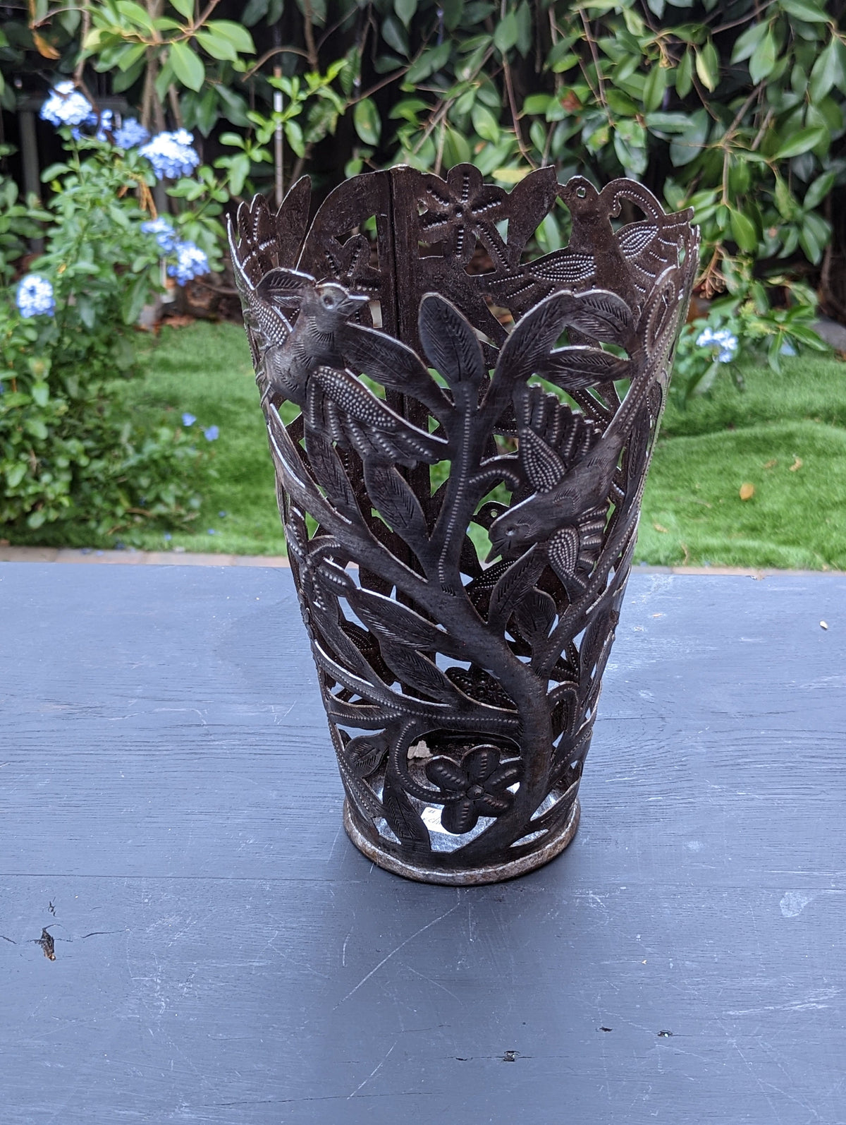 Metal Flower Vase, Tall Metal Vase Featuring Birds & Flowers Of Croix Des Bouquets, Made In Haiti, Upcycled Steel Drum Decor By Josnel Bruno