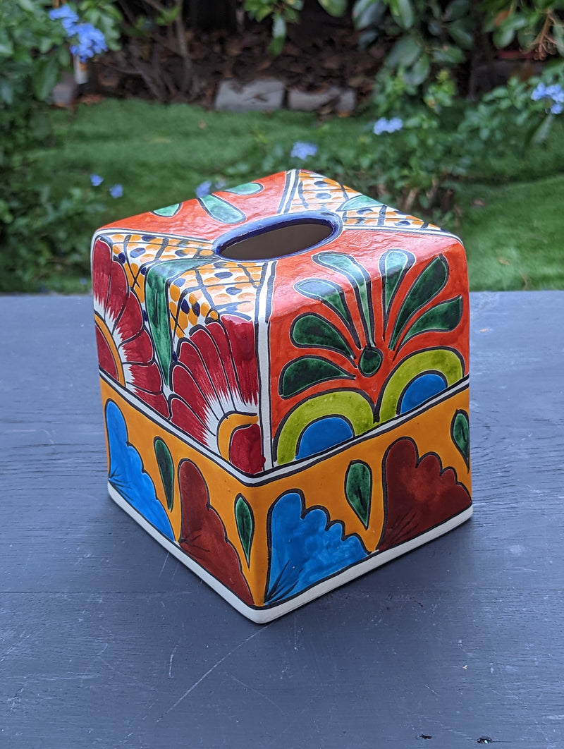 Facial Tissue Holder, Square Tissue Box, Talavera Pottery, Handmade in Mexico, 6" Tall Tissue Case