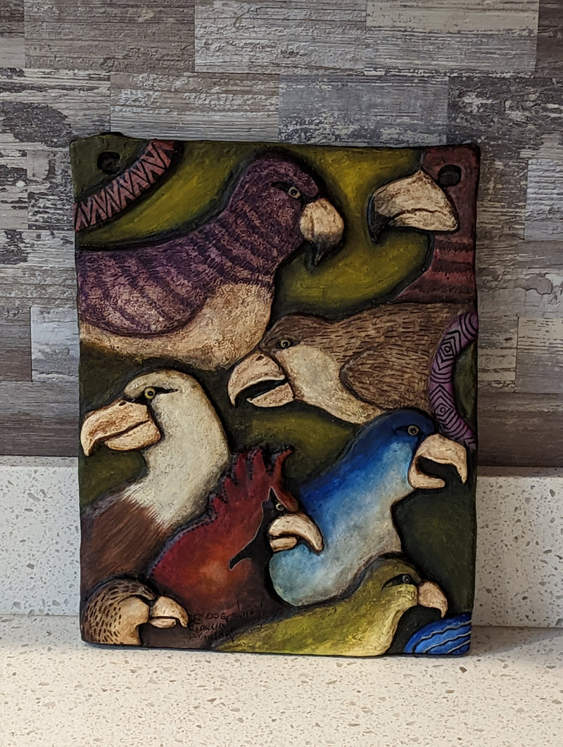 Parrot Party Portraiture, Handmade Ceramic Parrot Wall Art, Mexican Clay Art of Birds Home Decor, Contemporary Wall Art Decoration