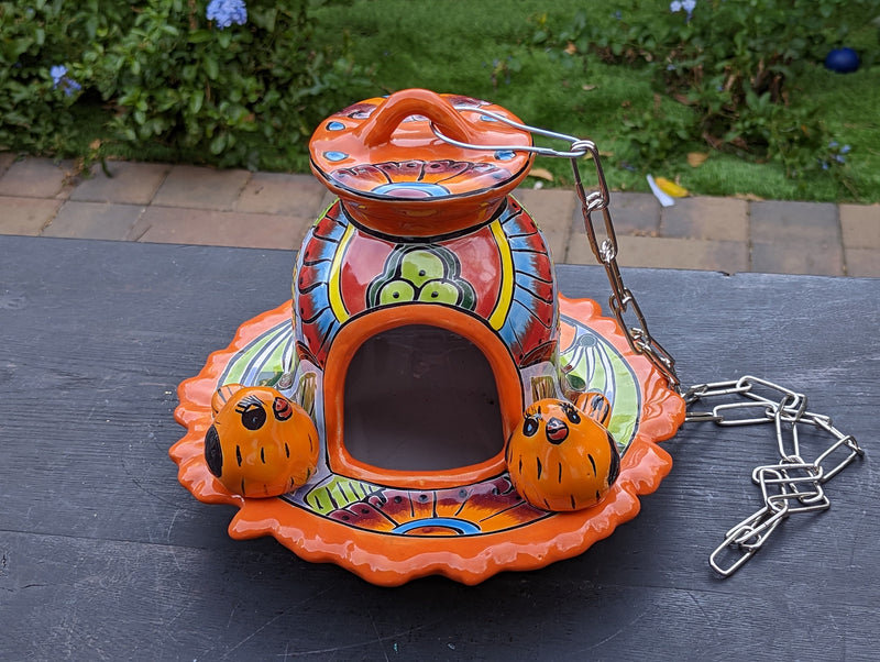 Ceramic Bird Feeder, Talavera Pottery, Decorative Outdoor Hanging Feeder Station w Chain, Handmade Mexican Pottery, Attract Wild Birds