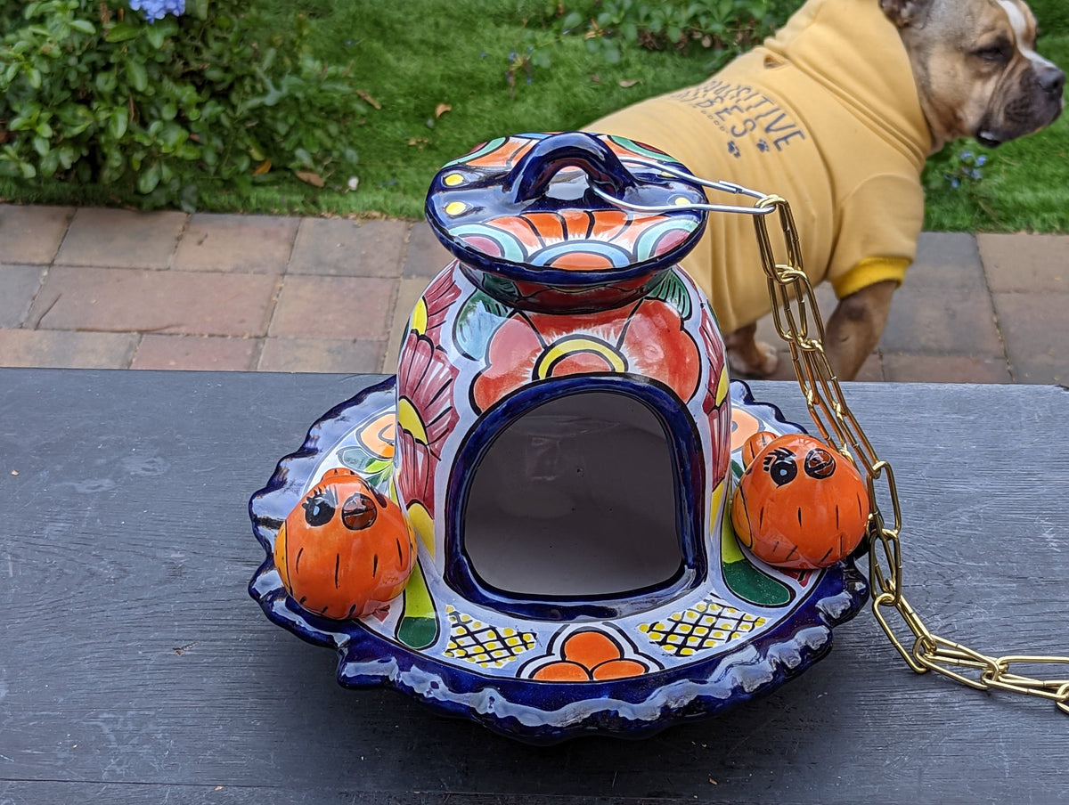 Ceramic Bird Feeder, Talavera Pottery, Decorative Outdoor Hanging Feeder Station w Chain, Handmade Mexican Pottery, Attract Wild Birds