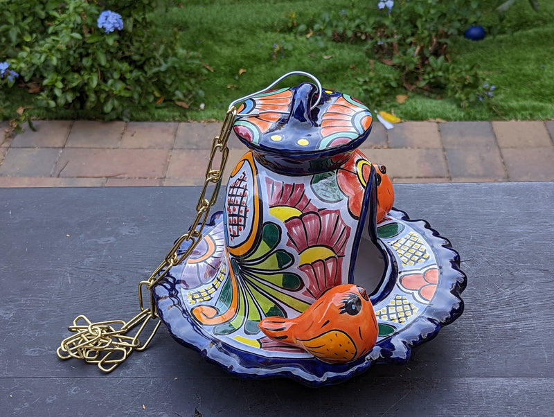 Ceramic Bird Feeder, Talavera Pottery, Decorative Outdoor Hanging Feeder Station w Chain, Handmade Mexican Pottery, Attract Wild Birds