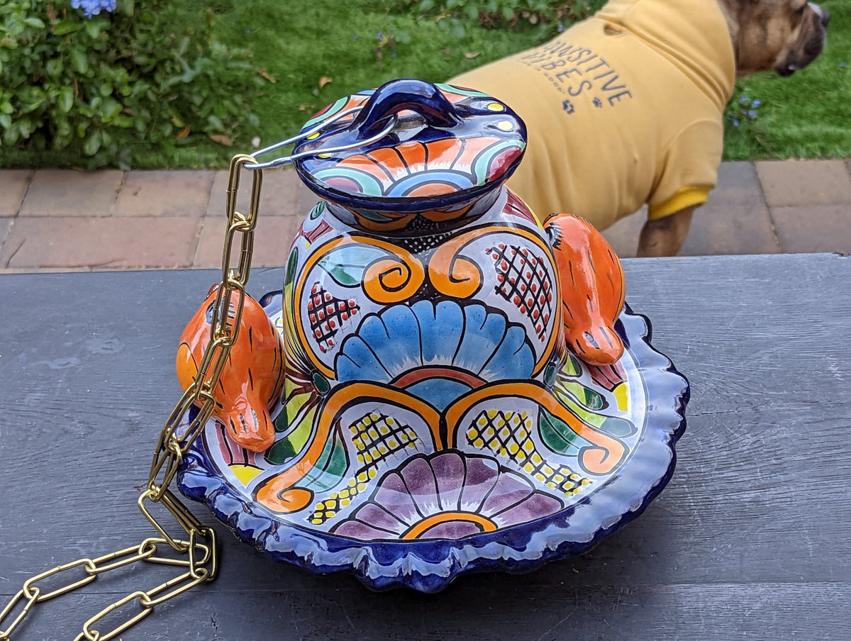 Ceramic Bird Feeder, Talavera Pottery, Decorative Outdoor Hanging Feeder Station w Chain, Handmade Mexican Pottery, Attract Wild Birds